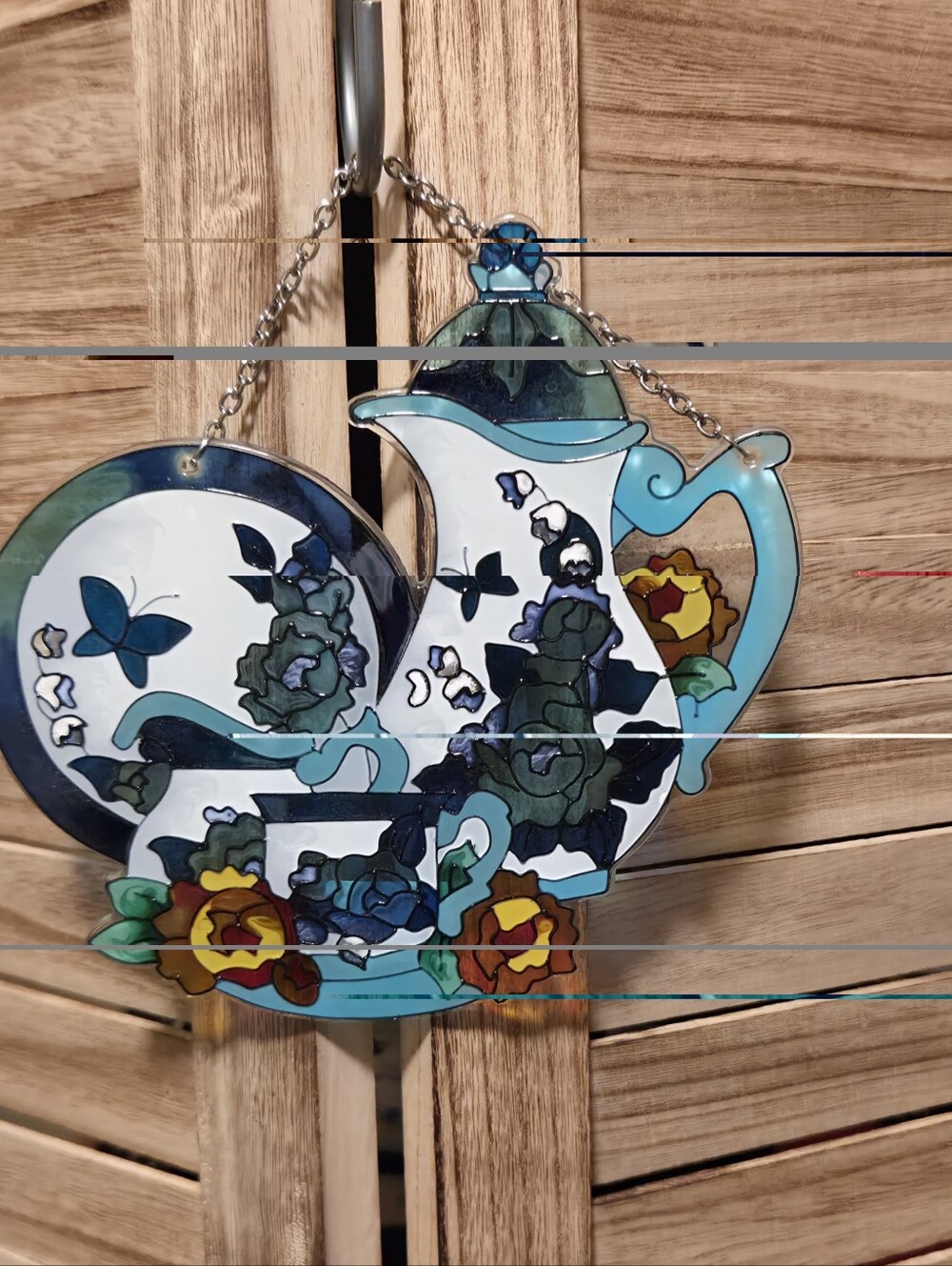 NWT Blue Tea Set Sun Catcher Flowers Butterfly